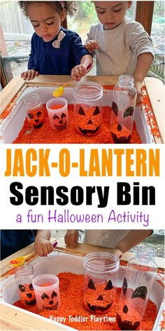 jack - o - lanterners are in plastic cups filled with red sand and pumpkin faces