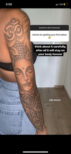 the back of a person's arm with tattoos on it, and an ad that says