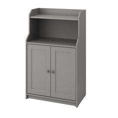 a gray cabinet with two doors and shelves