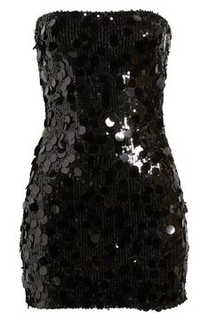 Oversized sequins shimmer and shake on this curve-hugging minidress topped with a chic strapless neckline. Square neck Strapless Polyester/spandex Hand wash, line dry Imported Lace Beaded Dress, 2000s Strapless Dress, Cute Sparkly Dress, Womens Sequin Dress, White And Black Formal Dress, Black Short Formal Dress, Night In New York Theme Dress, Black Strapless Hoco Dress, Black Sparkly Dress Outfit