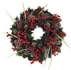 a christmas wreath with pine cones and berries