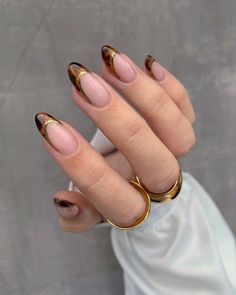 Brown Turtle Shell Nails, Fall Nail Inspo Almond Simple French, Moody Almond Nails, Short Nails Ideas Almond Shape, Turtle Shell French Tip Nails, Simple Fall French Tip Nails, Turtle Shell Nails French, Turtle Shell Nails Design, Simple Fall Nail Designs Almond Shape