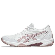 the white and pink asics shoes are on display in front of a white background