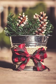 pine cones and bows are in a metal container with burlocks on the side