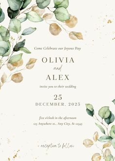 a wedding card with watercolor leaves on it