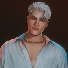 a man with white hair wearing a collared shirt and a necklace on his neck