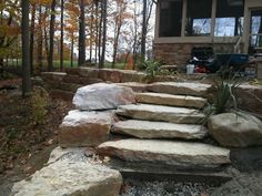 stone steps lead up to a house in the woods