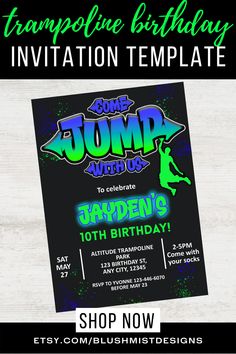 a birthday party flyer with an image of the jump logo and text that reads trampoline birthday invitation template