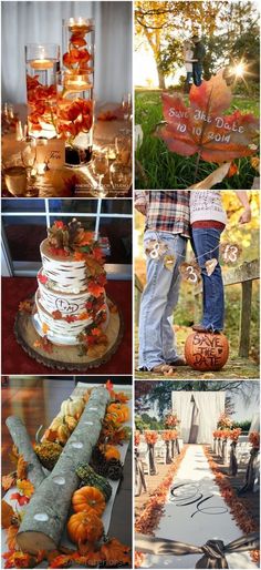 a collage of photos with pumpkins, candles and decorations in them for fall