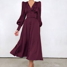 womens luxury satin v neck lantern long sleeve mid dress vintage waisted single breasted place aline Puff Long Sleeve Dress, Vestidos Retro, Vintage Long Dress, Glamour Vintage, Maxi Dress Wedding Guest, Robes Vintage, Maxi Dress Outfit, Womens Long Dresses, Satin Dress Long