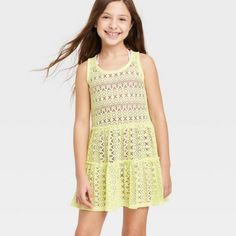 Girls' Solid Crochet Swimsuit Cover Up Dress - Cat & Jack Yellow #44-L Cute Crochet Beach Dress For Summer, Cute Crochet Dress For Beach In Summer, Cute Crochet Dress For Summer Beach, Cute Fitted Sleeveless Crochet Dress, Fitted Sleeveless Crochet Dress In Cute Style, Crochet Swimsuit Cover, Crochet Swimsuit, Swimsuit Cover Up Dress, Kids Swimming