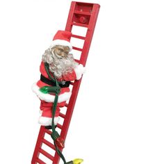 a santa claus climbing a red ladder with his hand on the handle and feet up