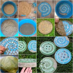 several pictures of different types of blue and green mosaic tiles in various stages of being made