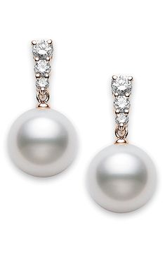 Akoya pearls and diamonds are paired to reference morning's glistening dew drops in these gorgeous and timeless earrings crafted in 18-karat rose gold. Style Name:Mikimoto Morning Dew Diamond & Pearl Earrings. Style Number: 5938237. Available in stores. Diamond Pearl Earrings, Timeless Earrings, Morning Dew, Pearl And Diamond Earrings, Dew Drops, Diamond Guide, Akoya Pearls, Earring Crafts, Pearl Diamond