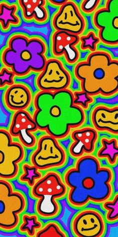 an image of colorful flowers and smiley faces on a blue, green, yellow, red, orange, pink, purple, black background