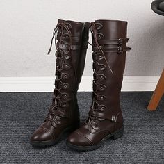 Category:Boots; Upper Materials:Faux Leather,PU; Embellishment:Buckle; Season:Fall,Winter; Heel Type:Block Heel; Gender:Women's; Toe Shape:Round Toe; Type:Knee High Boots; Style:Minimalism,Casual,Vintage; Heel Height(inch):1-2; Outsole Materials:Rubber; Occasion:Daily,Outdoor; Closure Type:Lace-up; Pattern:Solid Color; Listing Date:09/11/2023; 2024 Trends:Motorcycle Boots,Plus Size; Foot Length:null; Foot Width:null Boots Plus Size, Knee High Boots Winter, Knight Boots, Steampunk Women, Female Knight, Brown Coffee, Boots Winter, Motorcycle Boots, Vintage Casual