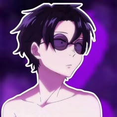 an anime character with dark hair and sunglasses on his head, wearing shades in front of a purple background