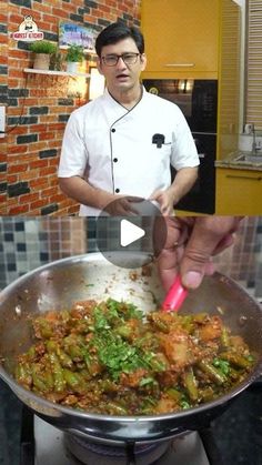 a man cooking food in a pan on top of a stove