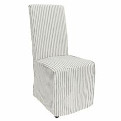 a white chair with a striped cover on it's back and seat cushion in the shape of a rectangle