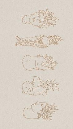 three drawings of people with flowers in their hair, and one drawing of a woman's head