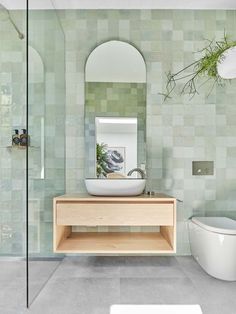 a bathroom with a sink, mirror and bathtub next to a plant hanging on the wall