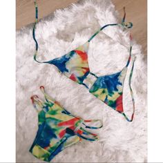 Unused Tie Dye Rainbow Bikini Small Top And Bottom Large Bottom. Runs Small Strappy Multicolor Swimwear For Beach Party, Multicolor Strappy Summer Swimwear, Multicolor Strappy Swimwear For Beach, Tie Dye Rainbow, Small Tops, White Cream, Womens Swim, Tie Dye, Color White