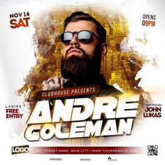 a flyer for an event with a bearded man wearing sunglasses and the words, andre goleman