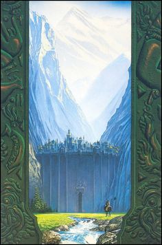 an image of a fantasy scene with mountains in the background and a river running through it