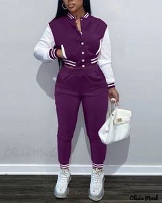 Color: purple, Size: 2XL Purple Fashion Casual, Purple Two Piece, Red Street, Green Two Piece, Patchwork Cardigan, Two Piece Pants Set, Printed Cardigan, Purple Fashion, Casual Sets