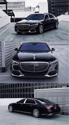 three different views of the front and back of a black mercedes s - class sedan