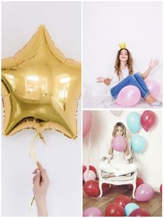 a collage of photos with balloons, a woman sitting on a chair and a gold star balloon