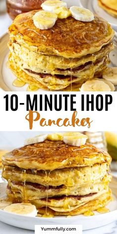 pancakes stacked on top of each other with bananas and syrup