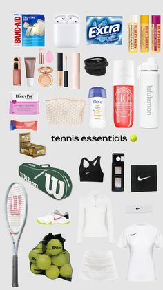 there are many different items that can be found in this image, including tennis gear