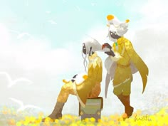 two people sitting on top of a suitcase in the middle of a flower filled field