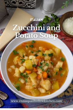 italian zucchini and potato soup in a white bowl with spoons next to it