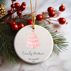 a personalized christmas ornament hanging from a tree