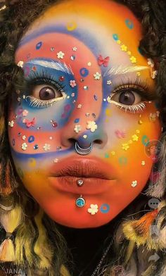 Fire Work Make Up, Clown Stage Makeup, Cool Makeup Inspiration, Full Face Colorful Makeup, Makeup Looks Full Face Crazy, Mismatch Makeup, Crazy Face Makeup, Complicated Makeup Looks, Fun Crazy Makeup Looks