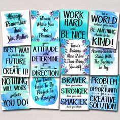 six watercolor posters with different sayings on them