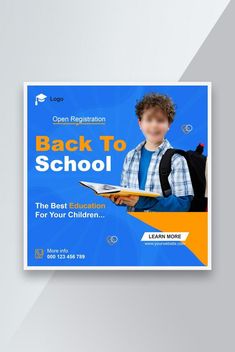 the back to school flyer is shown with a boy holding a book in his hands