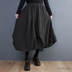 Lasaky - Dark Linen Grid Asymmetrical Pleated Midi Skirt Asymmetrical Cotton Bottoms For Fall, Casual Asymmetrical Hem Skirt For Fall, Casual Asymmetrical Hem Bottoms For Fall, Asymmetrical Cotton Skirt For Fall, Cotton Asymmetrical Skirt For Fall, Spring Workwear Skirt With High-low Hem, Black High-low Hem Skirt For Fall, Flowy Asymmetrical Hem Skirt For Fall, Casual Irregular Bottoms For Fall