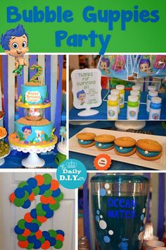 bubble bobble cupcakes party with blue and green decorations, cookies and candy