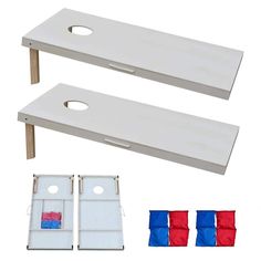 two white tables with red and blue seats next to each other on a white background