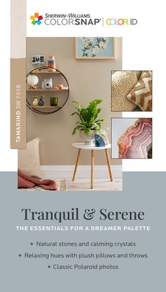 a poster with some pictures on it and the words tranquil & serene above it