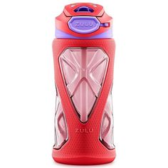 a red and purple water bottle on a white background