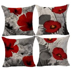 four red and gray flowers are featured on this decorative pillow cover, set of 4