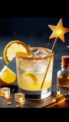 a cocktail with lemon slices and a star garnish on the top, surrounded by ice cubes