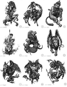 some black and white drawings of mythical creatures