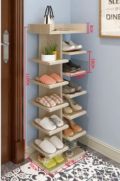 a shoe rack is shown with shoes on it and measurements for each shelf in the closet