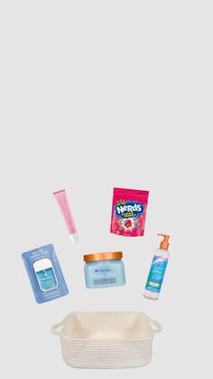 an assortment of personal care items on a white background