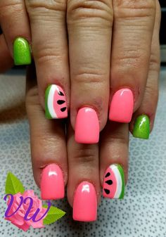 Watermelon Toes Nails, Kids Watermelon Nails, May Dip Nails Ideas, Nails Watermelon Design, Melon Nails Design, Fun Summer Nails Dip Powder, Kids Nail Designs Summer, Cocomelon Nails Design, Cute Watermelon Nails